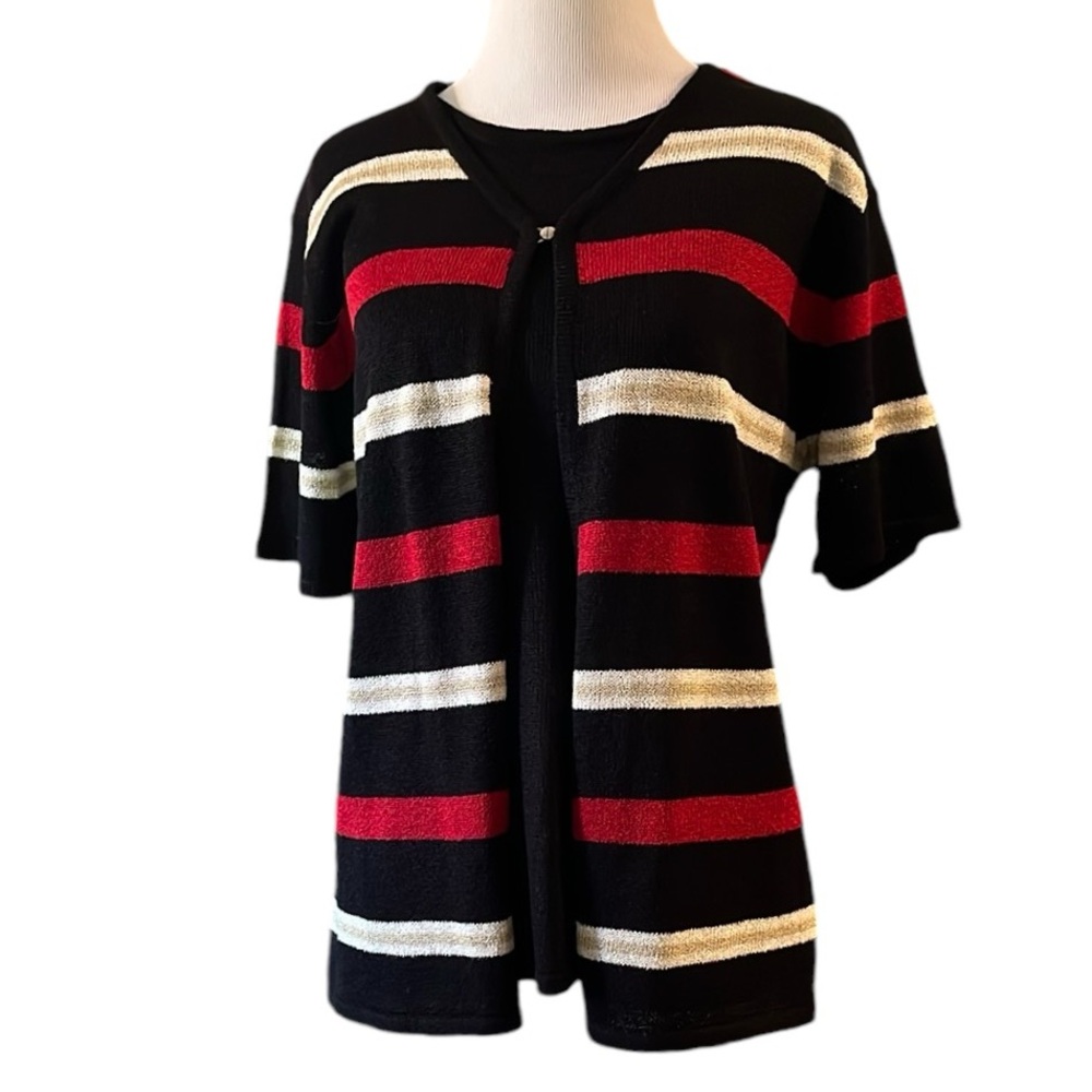 SAG HARBOR STRIPED SHORT SLEEVE TWINSET BLACK, RED, WHITE AND GOLD SIZE M